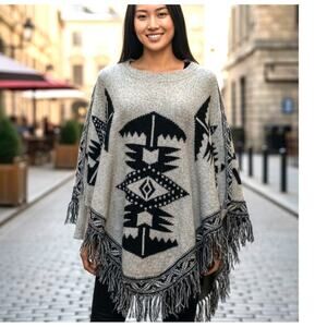 Poncho Cape Shawl Double Knit Dolman Beige Black Art to Wear Fringe West 36th